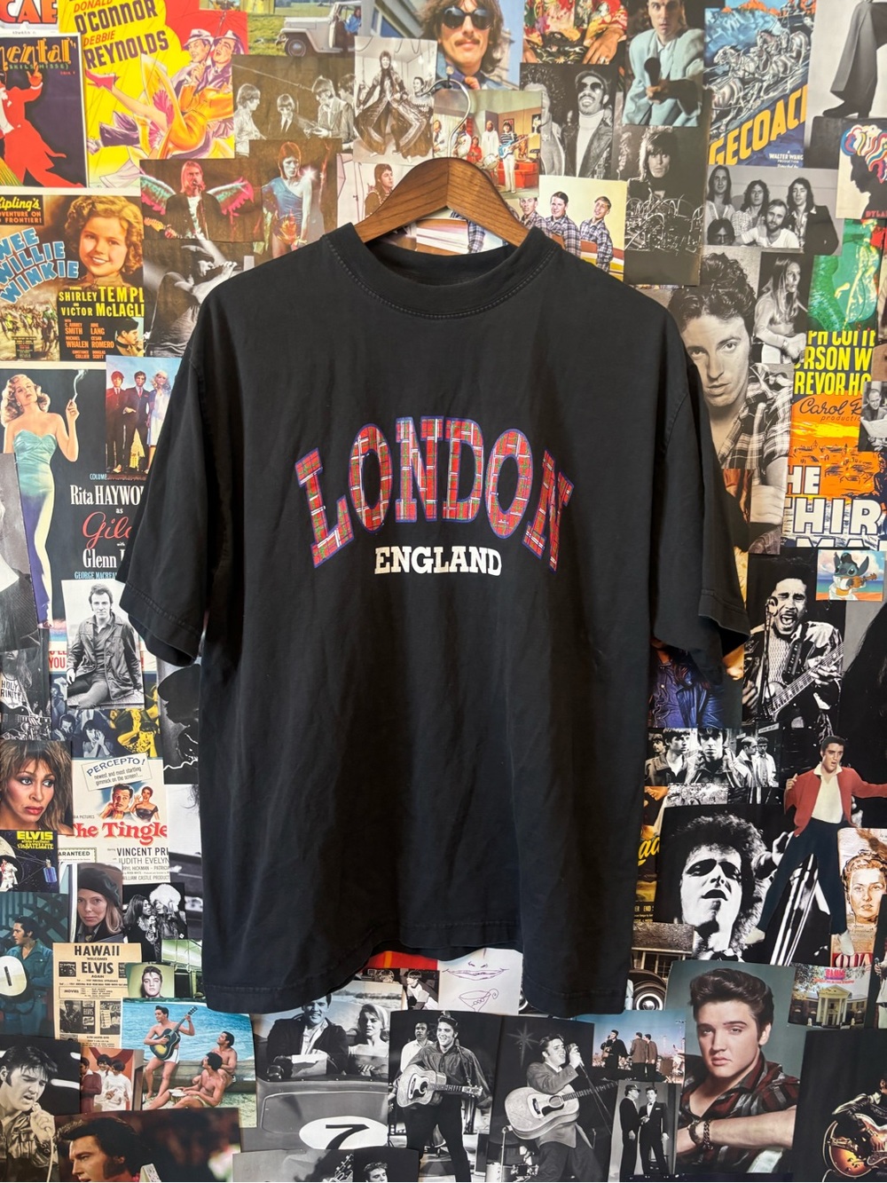 London England Graphic Tee — Black with Tartan Lettering